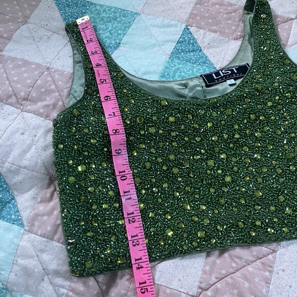 Y2K List Beaded Floral Tank Top Womens Green Vintage Italy Cropped 2000s - Picture 9 of 10